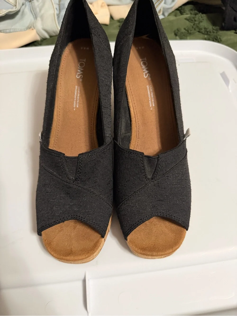 Toms Black Canvas Peep-Toe Wedge Slip-Ons